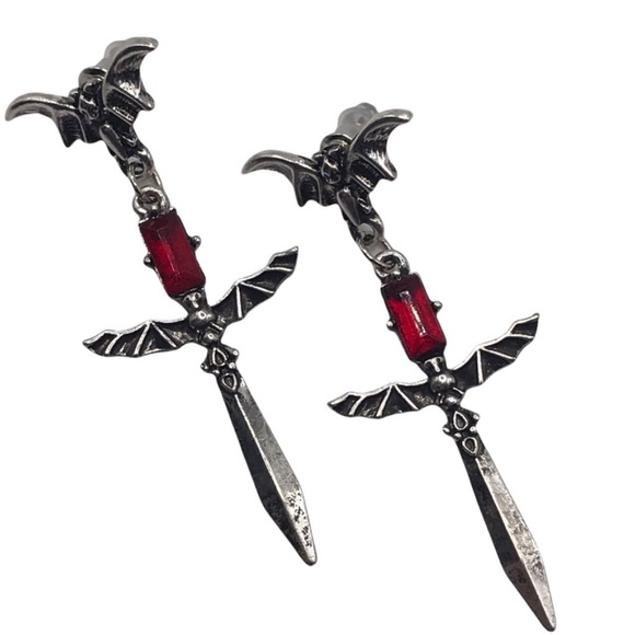 Bat w Jeweled Bat Sword Earrings Gothic Goth Halloween new - Picture 1 of 4